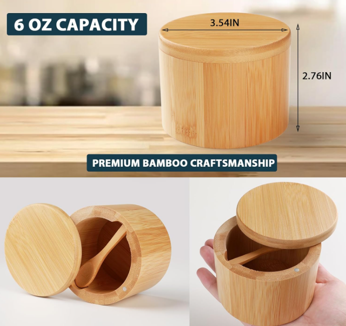 Unique Design 2 PCS Bamboo Eco-Friendly Modern Salt Cellar with Built-in Spoon Magnetic Swivel Lid for Countertop Spice Storage