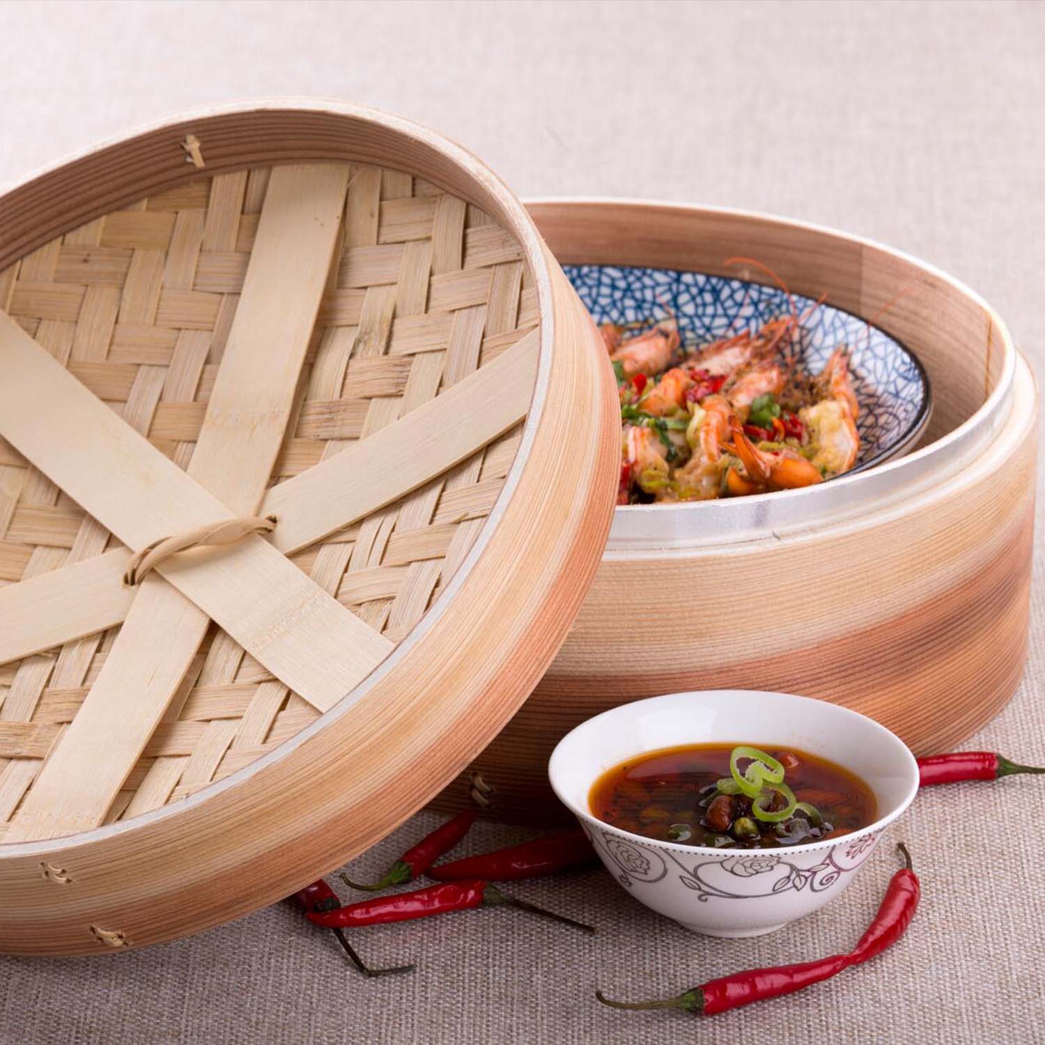 Deepened Wooden Steamer with Metal Rim Bamboo Basket for Cooking Dumpling Dim Sum Rice Potsticker Steaming Chinese Asian Food