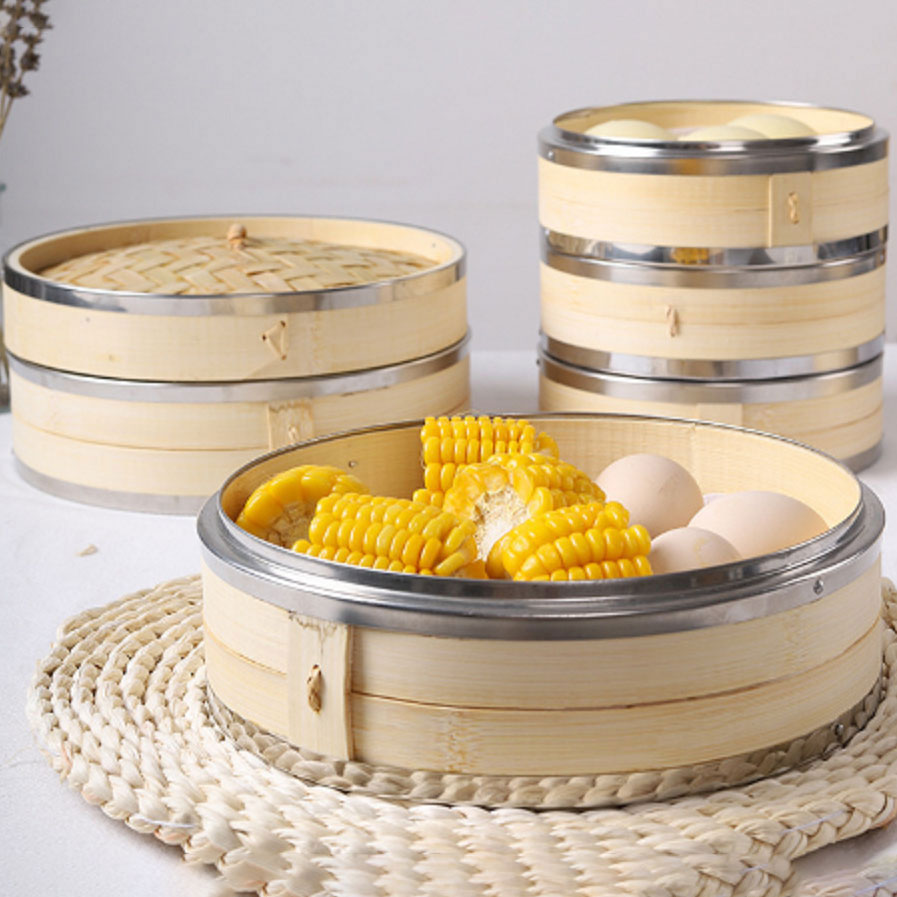 Eco-friendly 30 cm Double Layer Shumai Bamboo Steamer Cooking Dumpling Rice Cake Basket Stainless Steel Ring 7L Capacity Gas