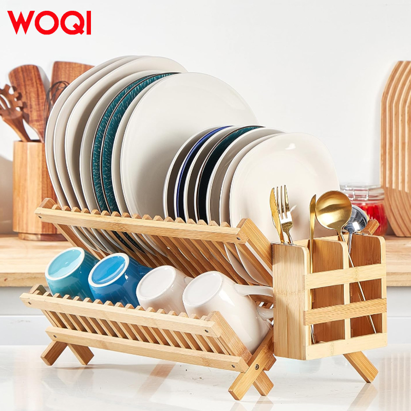 WOQI Bamboo Dish Drying Rack with Utensil Holder for Kitchen Counter, Apartment Essentials Kitchen Plate Holder