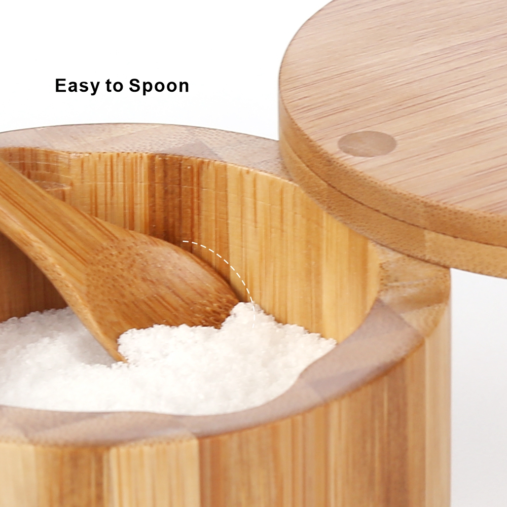 Elegant Avoid Dust Built-in Spoon Kitchen Pepper Spice Seasoning Cellars Storage Container Bamboo Salt Box