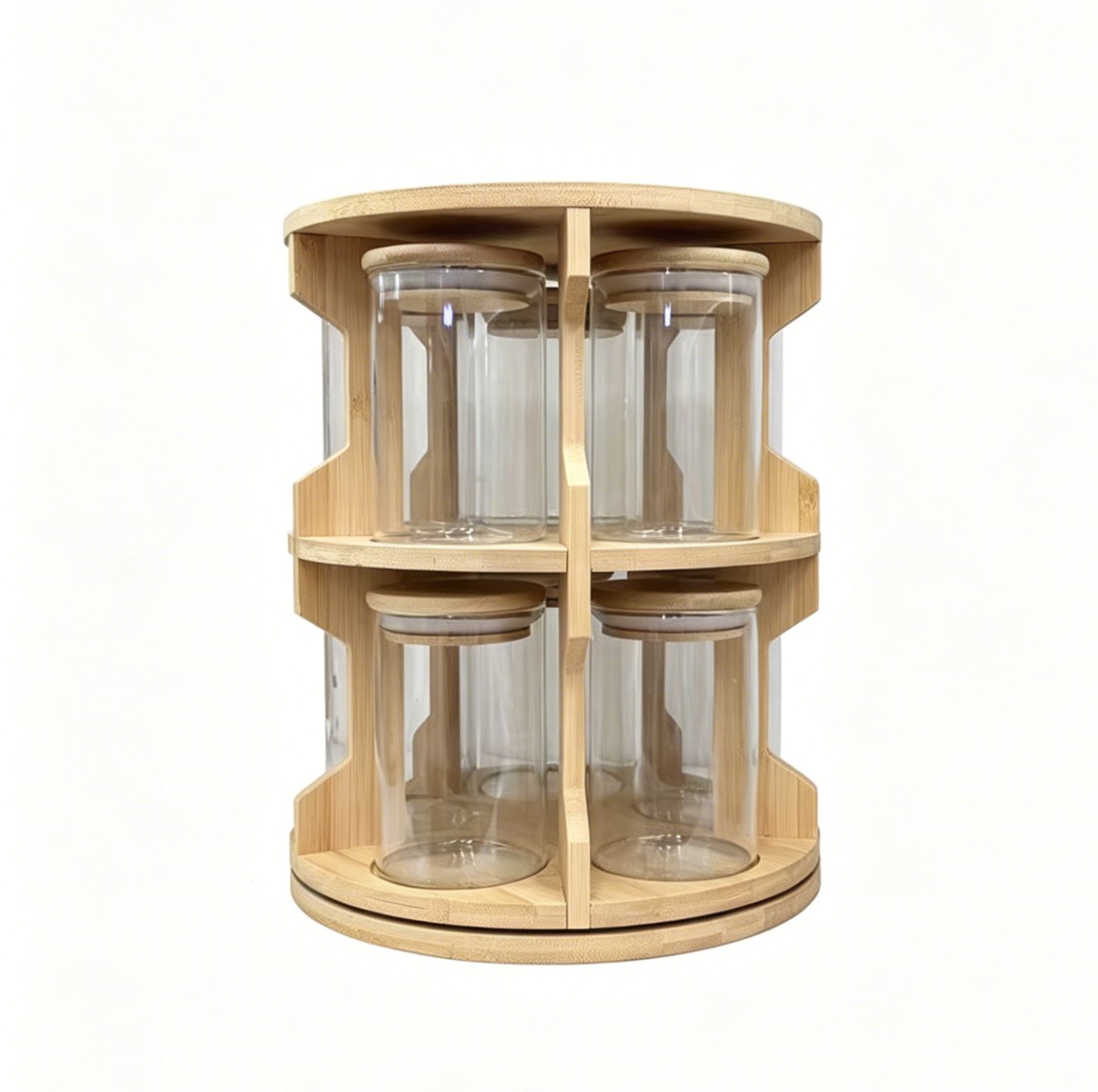 Bamboo Square Rotating 2-Tier Storage Rack with 10 Glass Jars and Cover for Kitchen Seasoning Organization