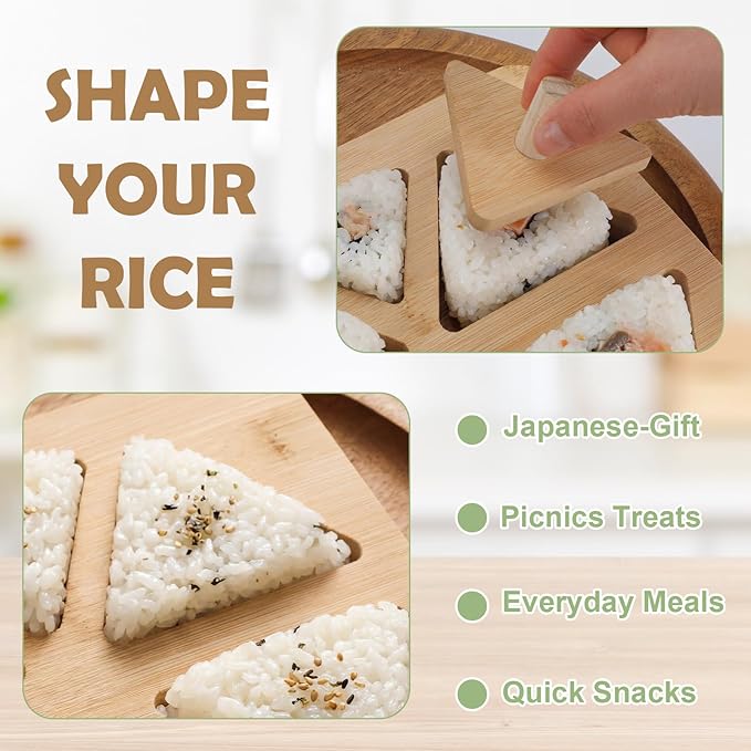 Bamboo Sushi Making Kit, Bamboo Onigiri Rice Ball Mold Set with Triangle Press Plate