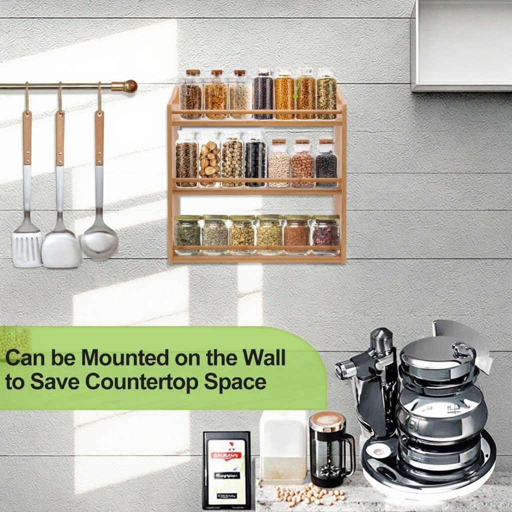 Modern 3-Tier Bamboo Spice Rack Seasoning Jars Organizer Storage Holder for Kitchen Counter or Wall Mounting