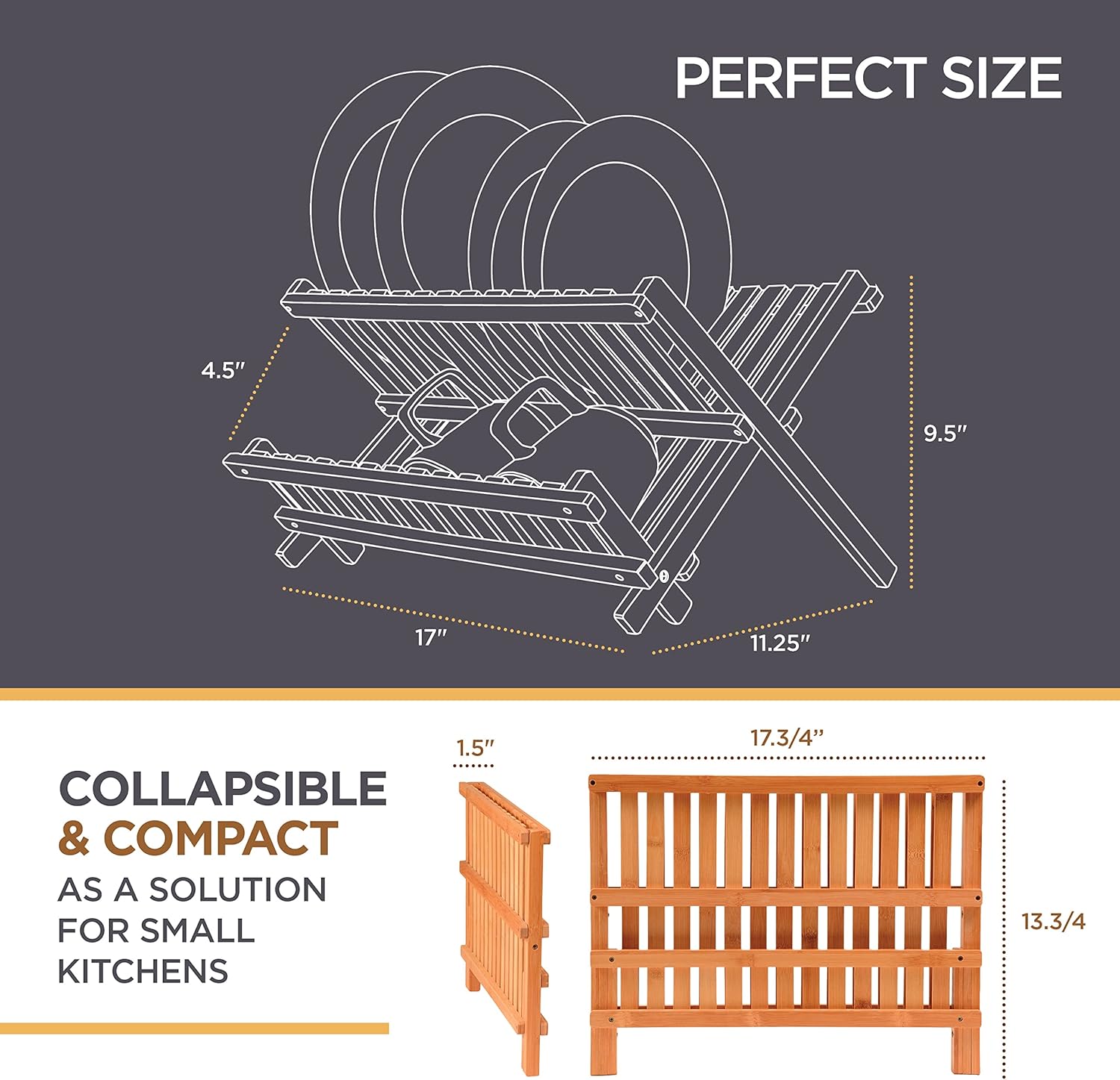 2-Tier Collapsible Bamboo Dish Drying Rack Foldable Space-Saving Kitchen Counter Wooden Drainer for Dishes Storage Holders Racks