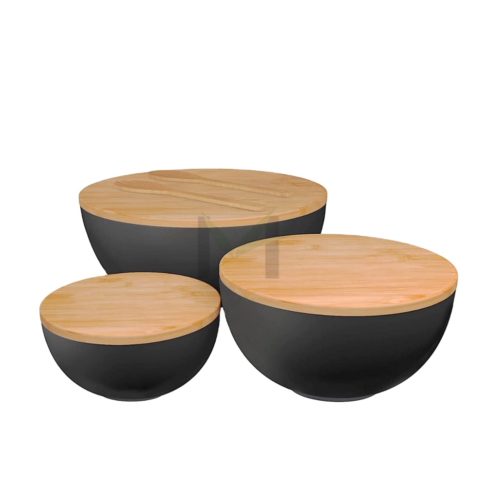 Bamboo Fibre Large Salad Bowl Mixing Bowl &amp; Storage Set of 3 with Wooden Lids