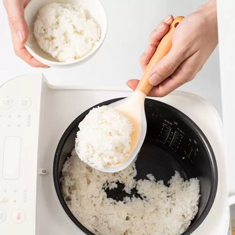Heat Resistant Silicone Rice Paddle with Wood Handle, Non-Stick Rice Spoon for Cooking, Easy to Clean &amp; Stand up Kitchen Utensil