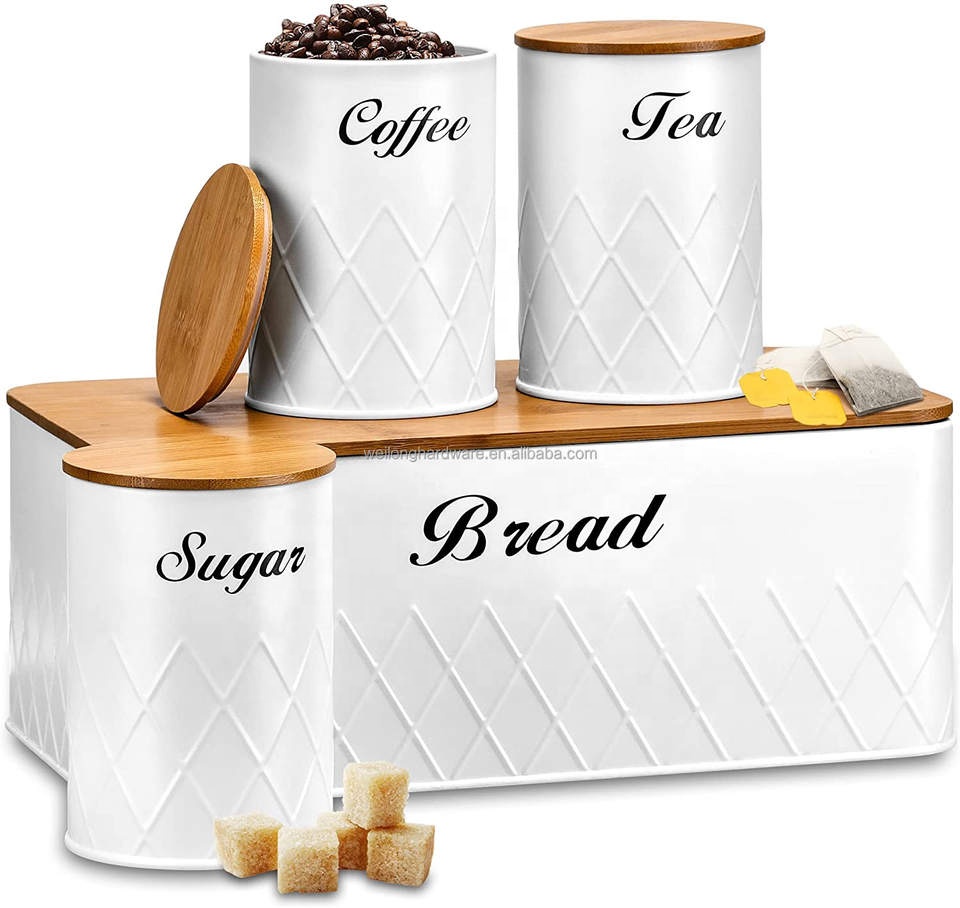 Metal Kitchen Canister Bread Box Bread Bin Tea Sugar Coffee Canister Set With Bamboo Lid Storage Container