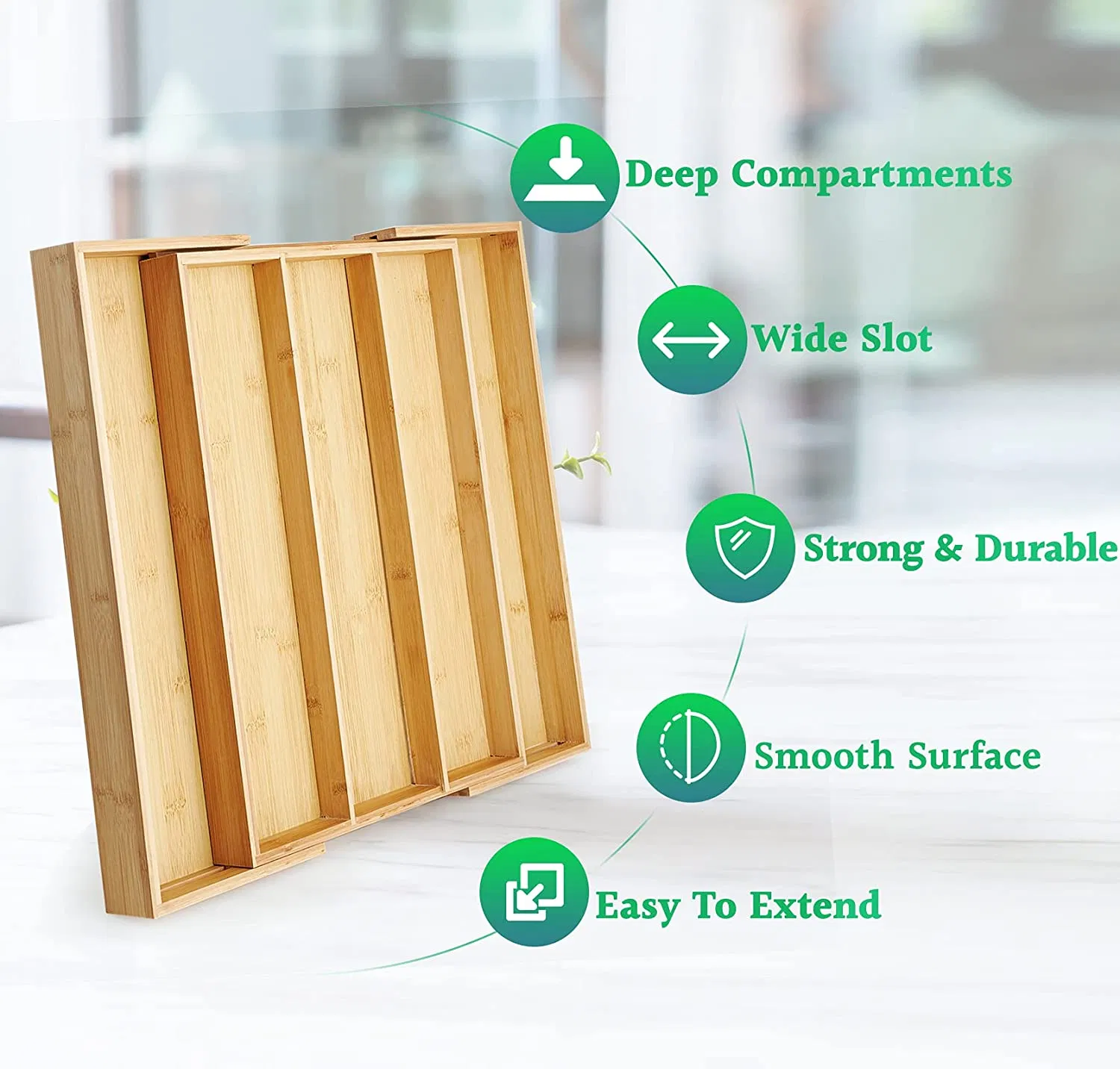 Bamboo Drawer Organizer, Expandable Silverware Drawer Organizer and Cutlery Tray
