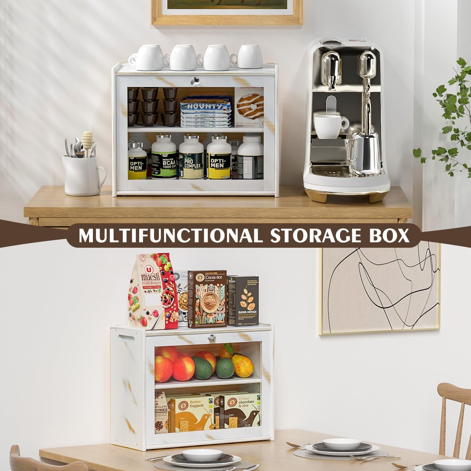 Easy Carry Handle Large Capacity Transparent Door Dual Layer Bamboo Bread Box for Kitchen Countertop Food Storage Container