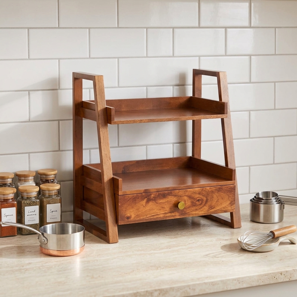 Custom Bamboo Wood Desktop Cosmetic&amp;Seasoning Storage Rack with Drawer Kitchen Spice Rack Organizer Spices Jar Rack Spice Drawer
