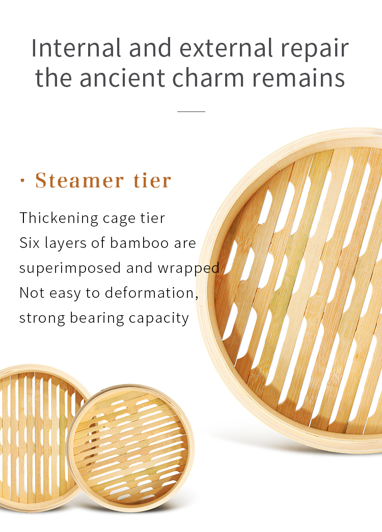 Hot Sale Bamboo Steamer 10 Inch 2 Tier Basket for Dumplings Dim Sum Bao Bun Vegetables Rice Meat and Fish
