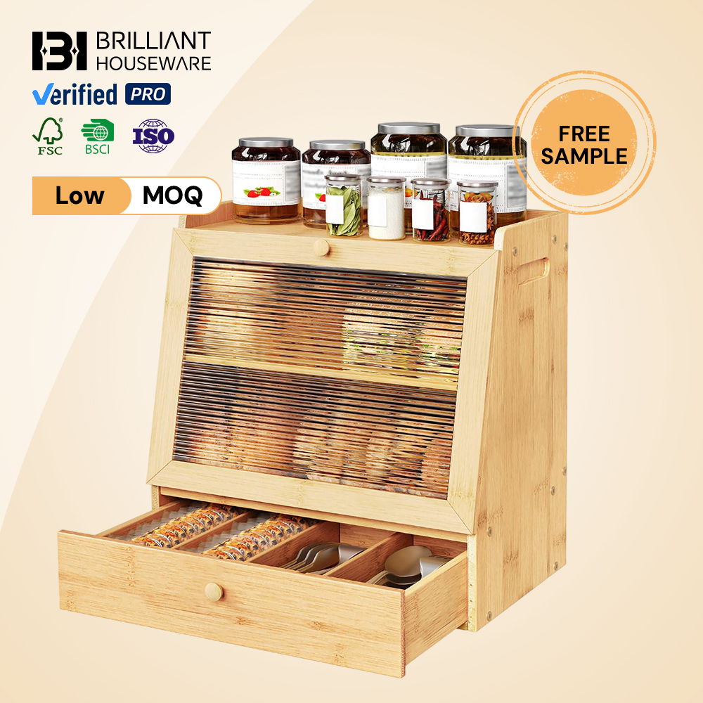 BH 2 Tier Kitchen Countertop Food Storage Box Bamboo Bread Box Storage Container with Drawer and Acrylic Door for Food