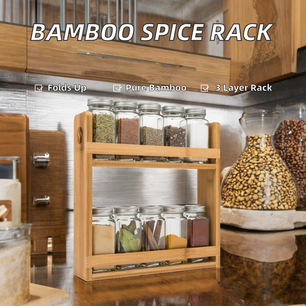 2026 Hot Sale Durable Bamboo Modern Three-Layer Foldable Kitchen Standing Type Spice Racks Holder