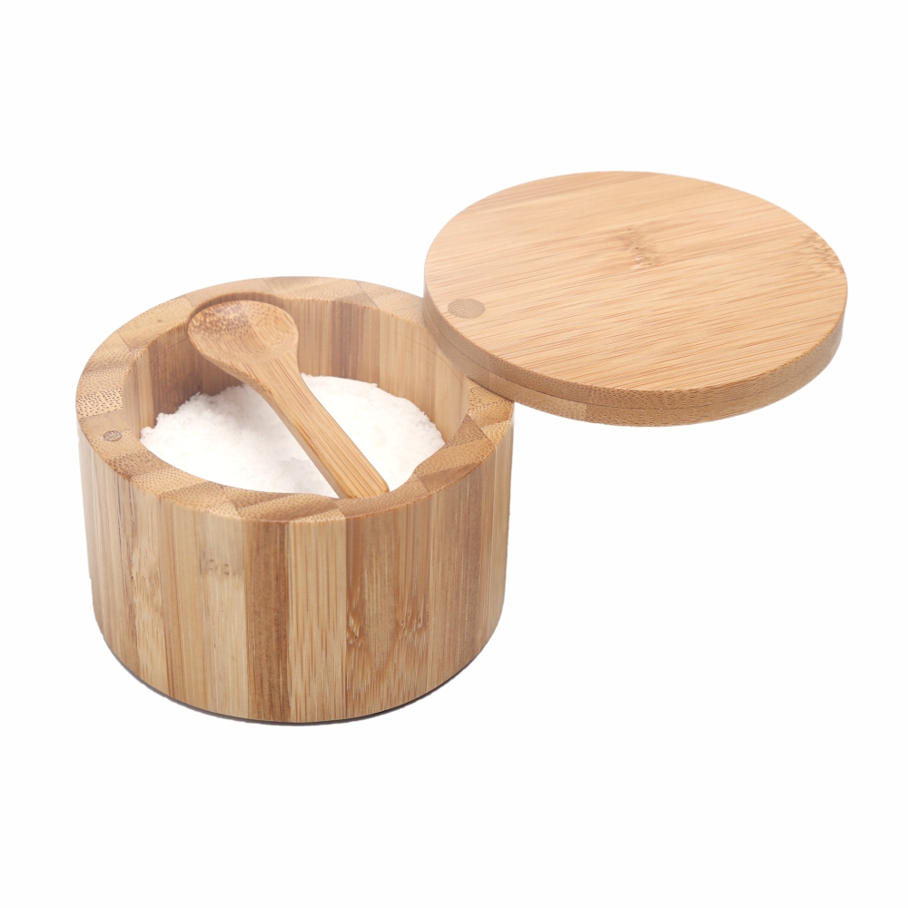 Elegant Avoid Dust Built-in Spoon Kitchen Pepper Spice Seasoning Cellars Storage Container Bamboo Salt Box
