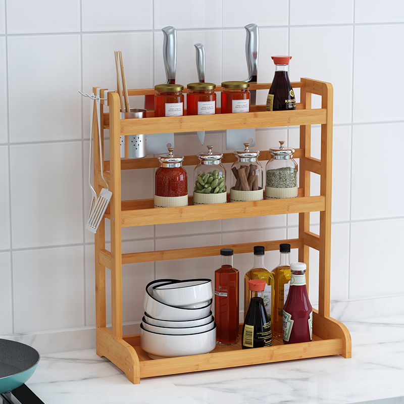 Custom Countertop Standing Bamboo Wooden 2 Tier Spice Rack Storage Shelves Holder for Kitchen