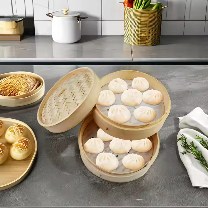 Small Order Chinese Tall 12 Inch Bamboo Vegetalble Steamer Set Wooden Handmade Cooker Yellow With Handle For Dumpling Dim Sum