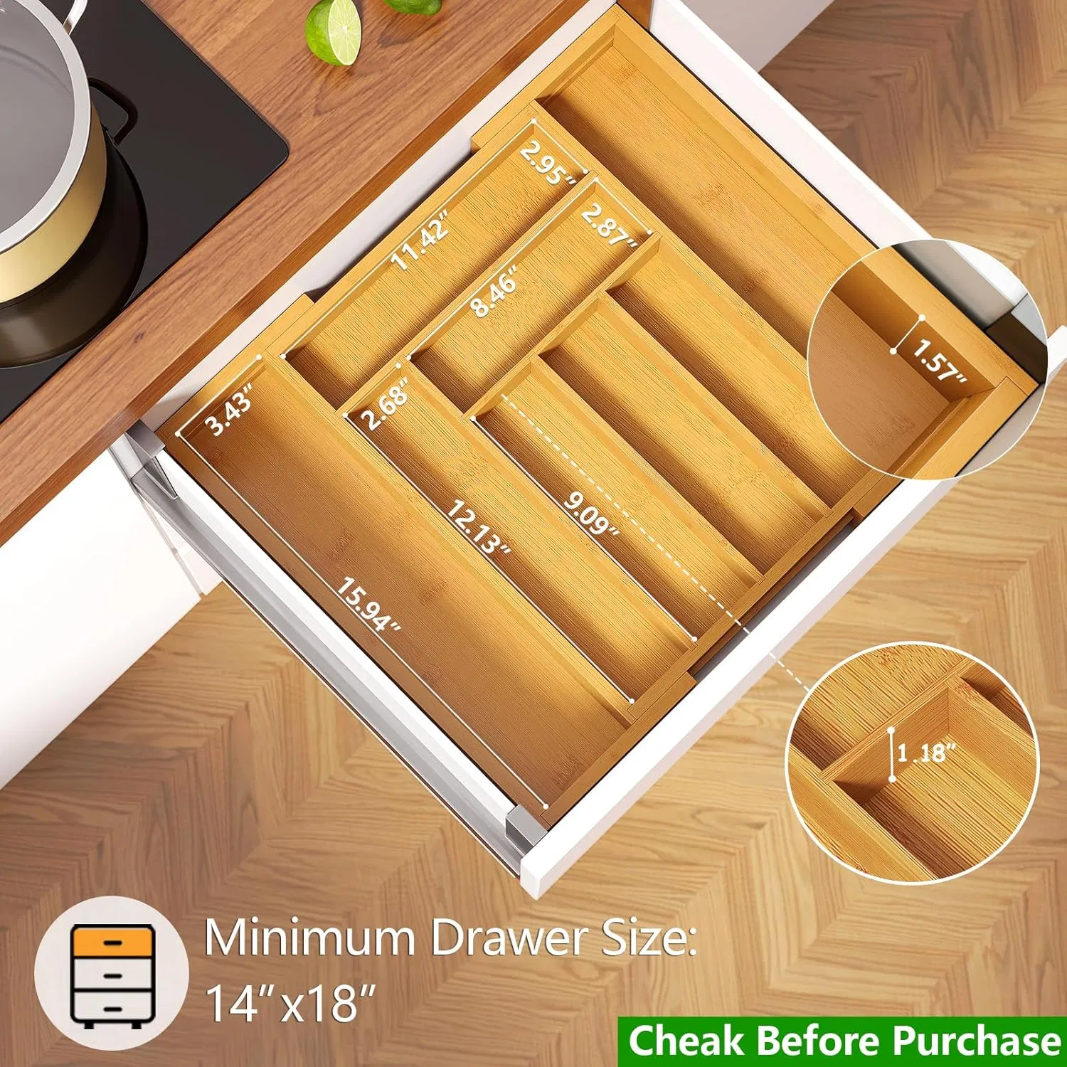 Bamboo Expandable Drawer Organizer for Utensils Holder, Adjustable Cutlery Tray