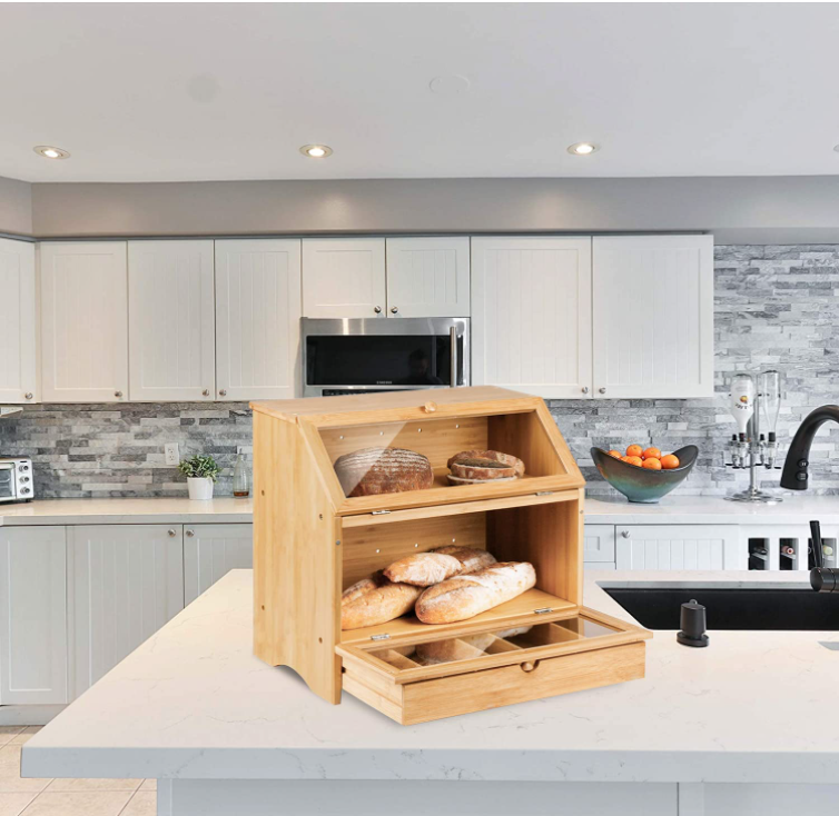 Modern Design Bamboo Bread Box Rectangle Counter Top Kitchen Storage Box 3-6L Capacity Portable Multifunction