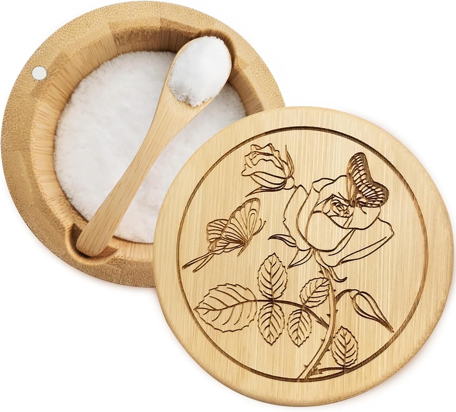Wholesale Bamboo Wood Salt Cellar Box Container Bowl with Lid and Spoon,Kitchen Pice Cellar Salt Holder Sver Jar with Swivel Lid