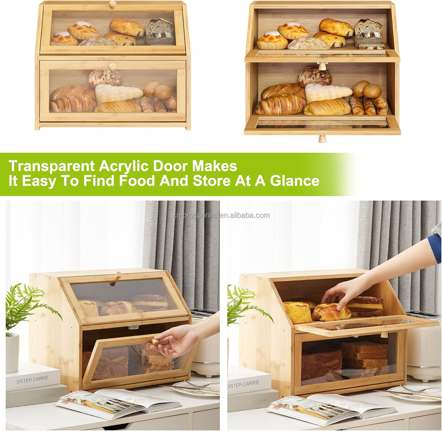 High Capacity 2-Layer Bamboo Bread Box Large Rectangle Wooden Food Storage Bin with Lacquer Technique for Kitchen Counter
