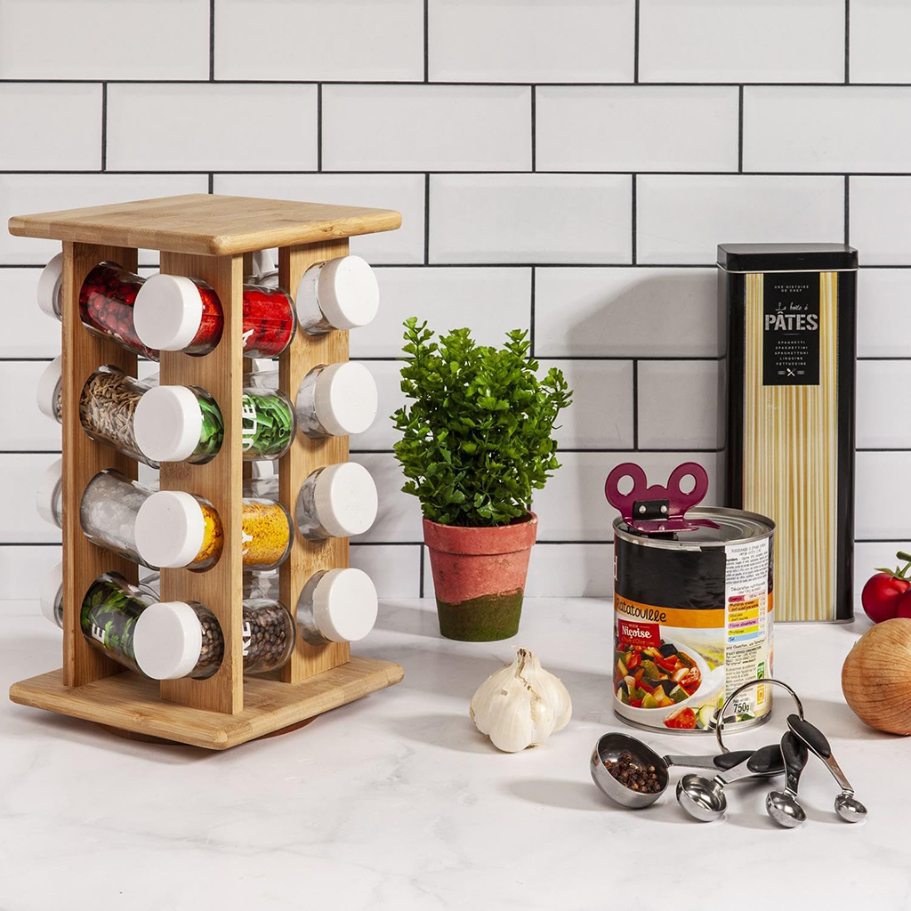 Countertop Square Seasoning Tower Organizer Bamboo Wooden Revolving Spice Rack Sets with 16 Jars