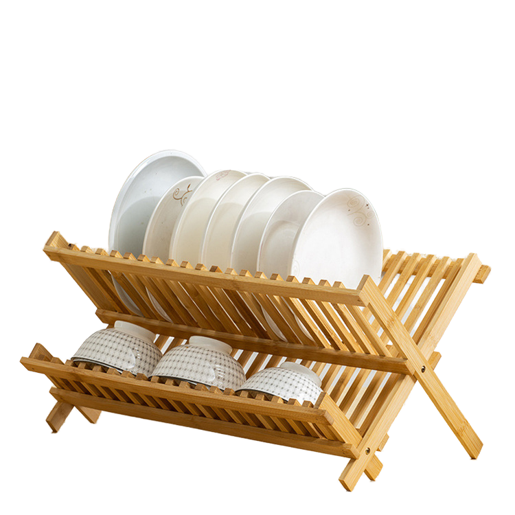 Collapsible 2-Tier Bamboo Wooden Dish Drying Rack Drainer Foldable for Restaurant Kitchen Counter Large Utensil Commercial