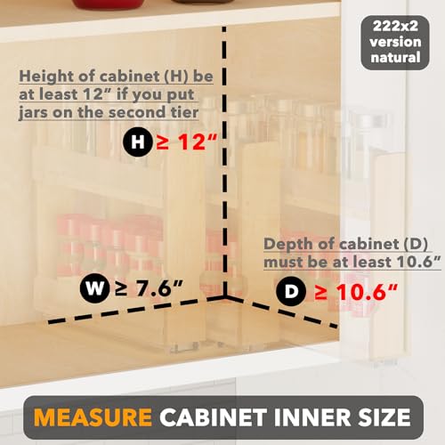Natural Bamboo Pull Out Spice Rack Organizer Heavy Duty Slide Out Seasoning Kitchen Pantry Sliding Vertical Organization