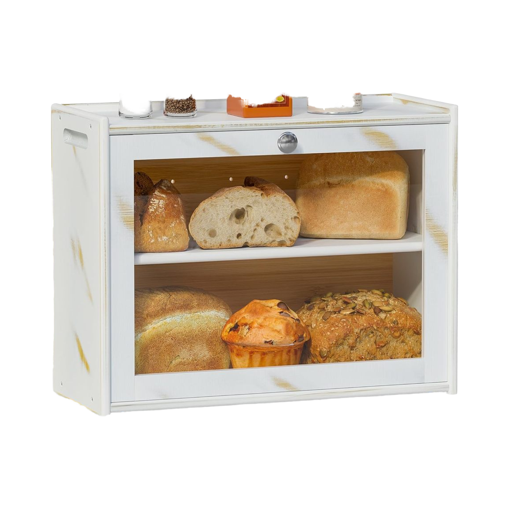 Easy Carry Handle Large Capacity Transparent Door Dual Layer Bamboo Bread Box for Kitchen Countertop Food Storage Container