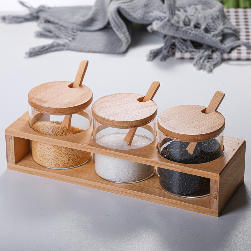 Japanese-Style Transparent Glass Bamboo Wooden Lid Seasoning Jar Dustproof Kitchen Sugar Salt Box for Food Storage Container