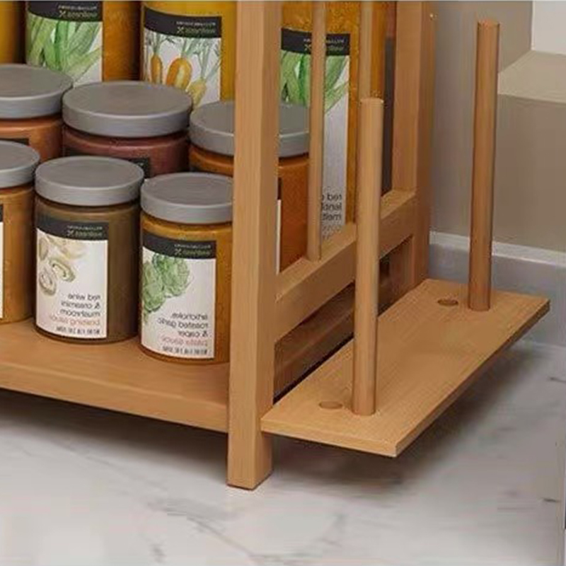 Custom Countertop Standing Bamboo Wooden 2 Tier Spice Rack Storage Shelves Holder for Kitchen
