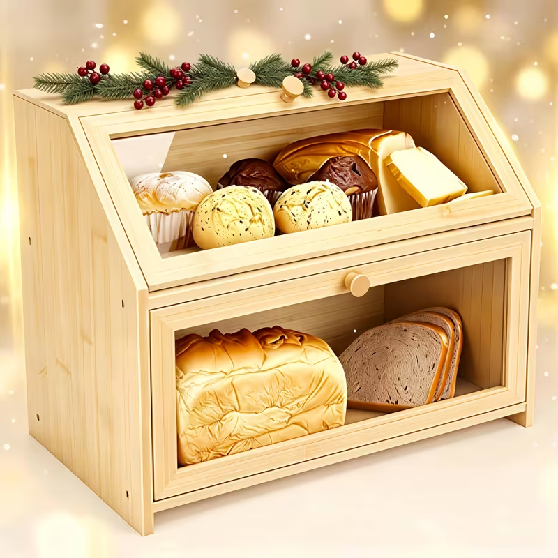 2 Layer Bamboo Bread Box with Clear Windows Large-Capacity Food Storage Container bamboo fiber bread box