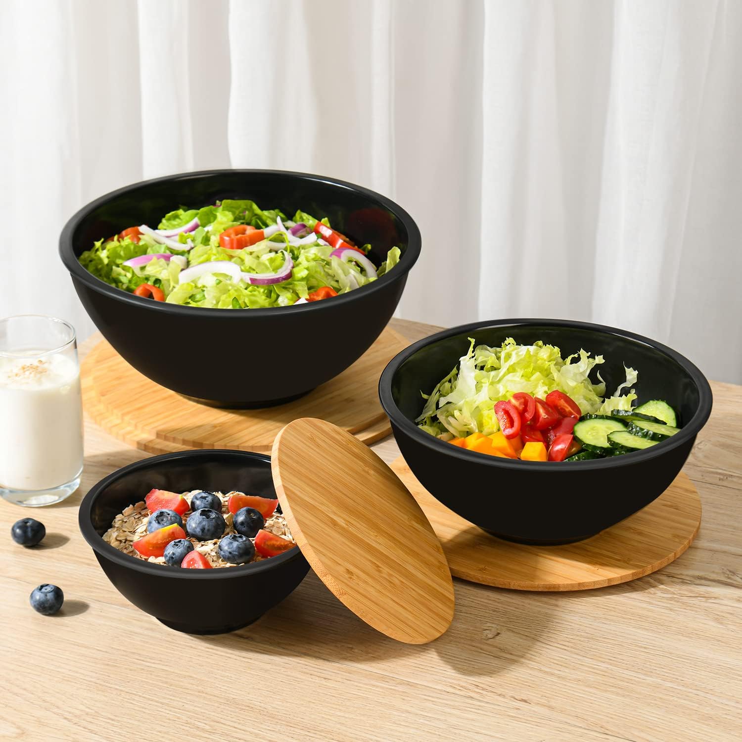 Dishwasher Safe 10" Large Salad Mixing Bowls Set of 3 Bamboo Bowl With Lid