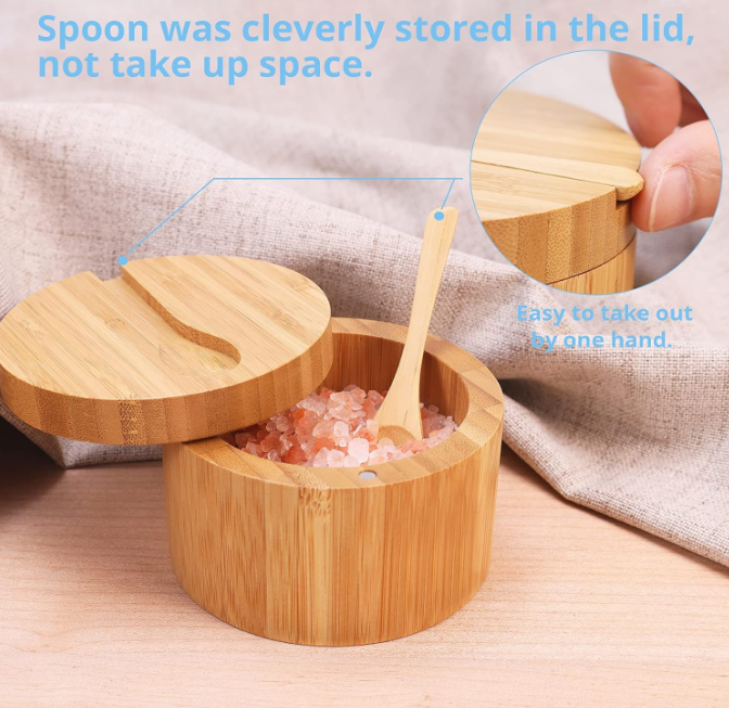 Modern Bamboo Salt Box with Swivel Magnetic Lid Round Condiment Salt Jar for Kitchen Food Cellar Salt Keeper