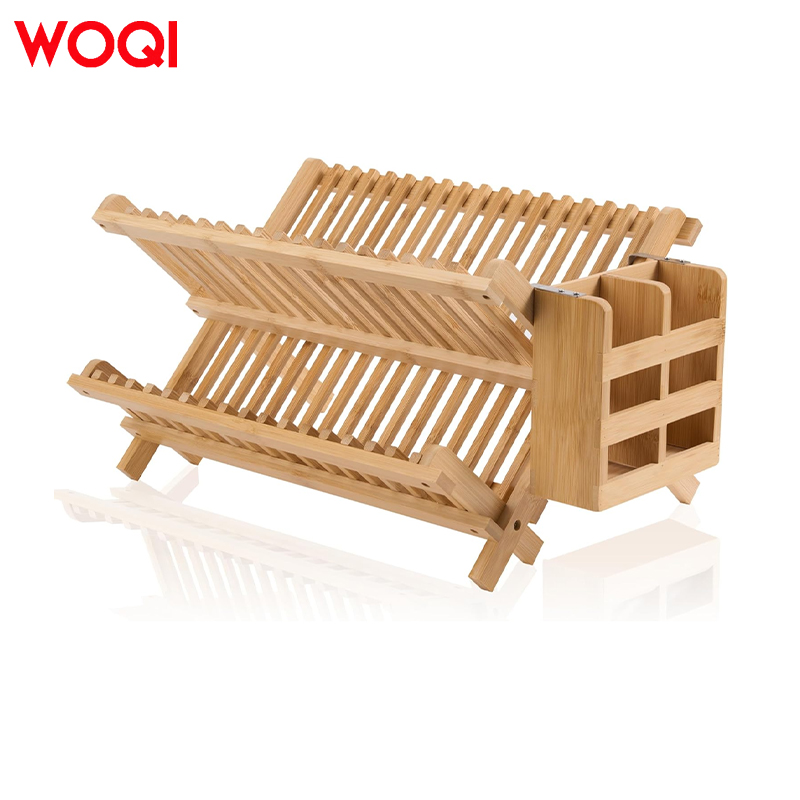 WOQI Bamboo Dish Drying Rack with Utensil Holder for Kitchen Counter, Apartment Essentials Kitchen Plate Holder