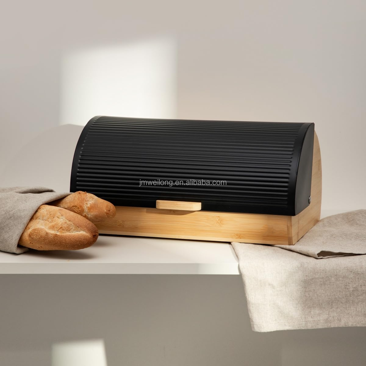 Kitchen Bamboo Bread Box With Metal Lid Storage Vintage Style Bread Bin Large Size Embossed Logo