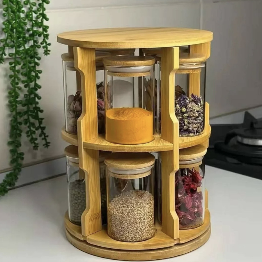 OEM Bamboo Rotating Spice Rack with 10 Glass Jars 2 Tier 360 Revolving Kitchen Countertop Seasoning Organizer