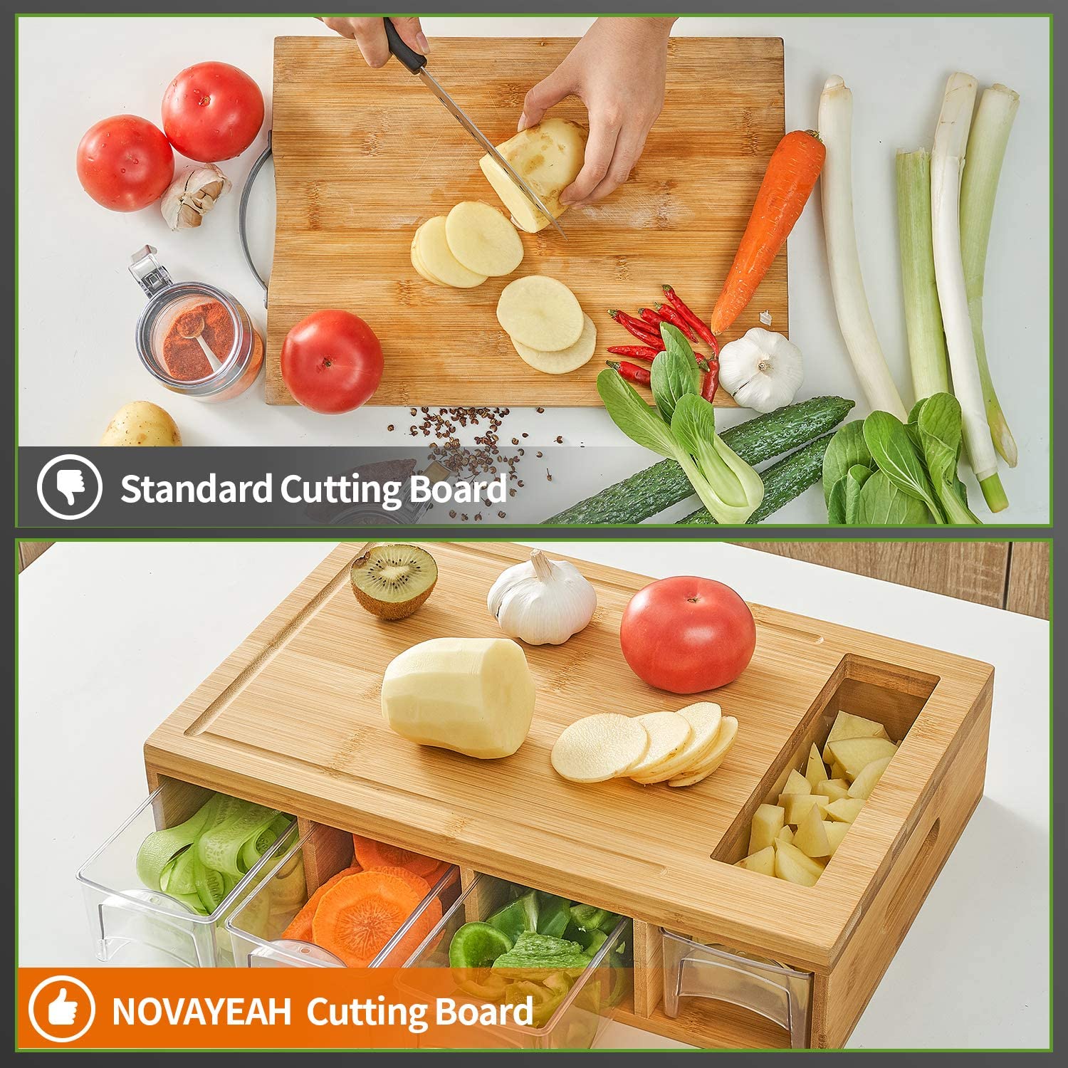 Bamboo Chopping Board with 4 Containers Large Cutting Board with Juice Grooves Kitchen Drawer Cutting Boards