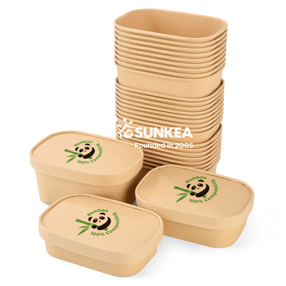 Disposable Logo Printed Rectangular Biodegradable Bamboo Salad Paper Bowl with Lid