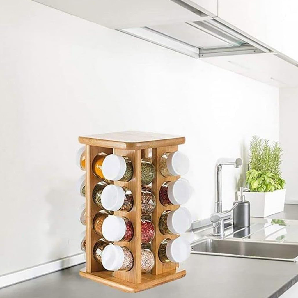 Countertop Square Seasoning Tower Organizer Bamboo Wooden Revolving Spice Rack Sets with 16 Jars