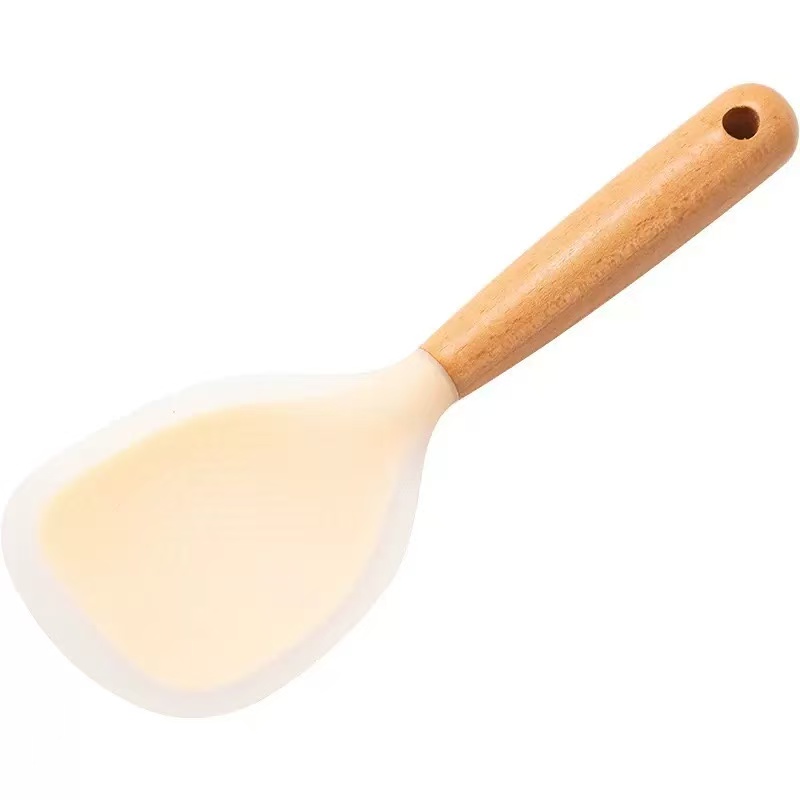Heat Resistant Silicone Rice Paddle with Wood Handle, Non-Stick Rice Spoon for Cooking, Easy to Clean &amp; Stand up Kitchen Utensil