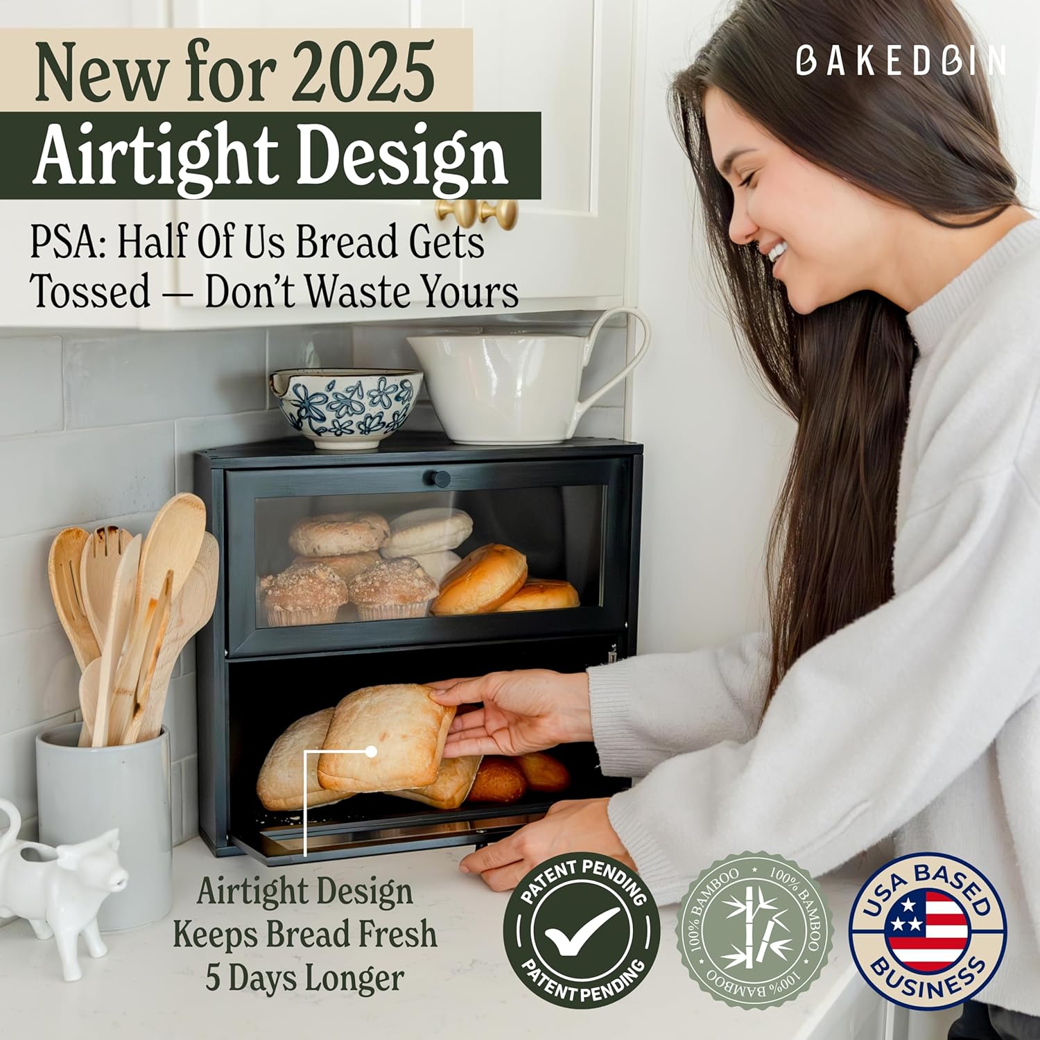 Corner Bread Box for Kitchen Countertop Vintage Bamboo Wooden BreadBox, Storage for Homemade Bread, Sourdough, Panera