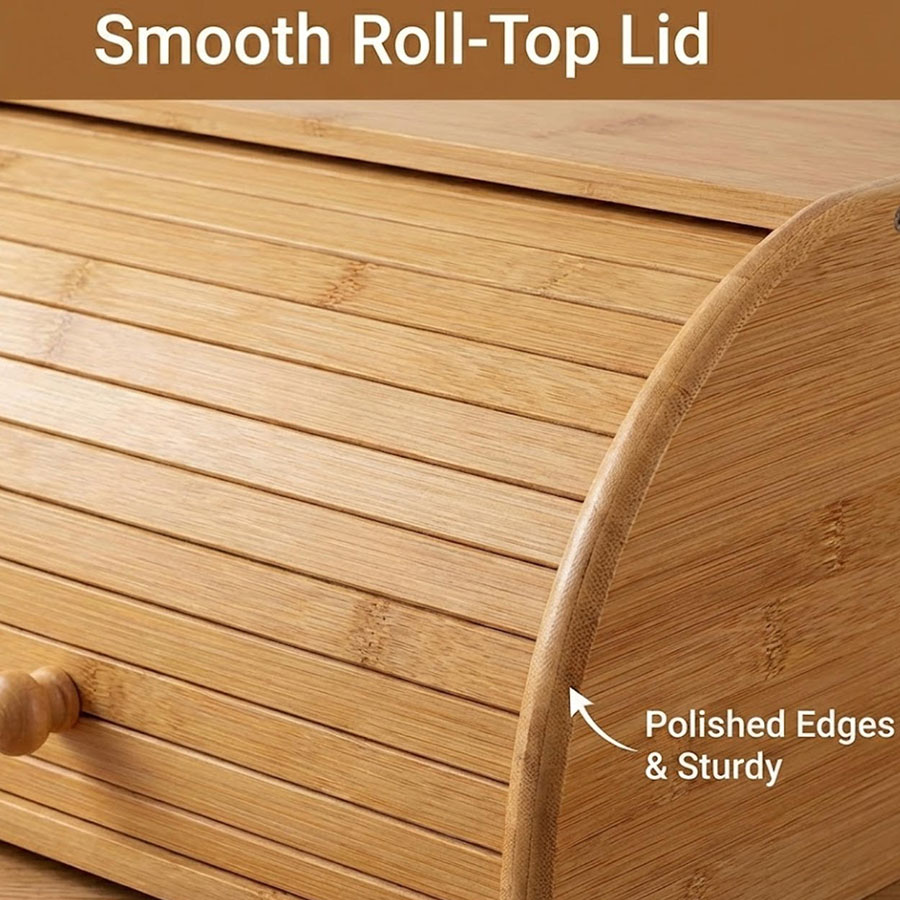Wholesale Large Roll Top Bamboo Bread Box Kitchen Countertop Food Storage Bin Natural Wood Bread Keeper Factory Custom Logo