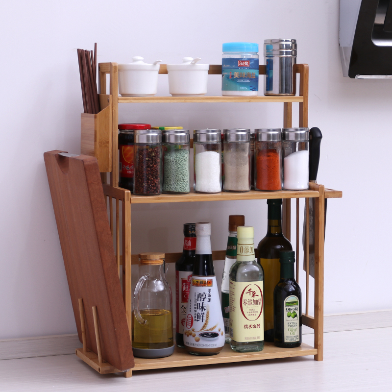 Custom Countertop Standing Bamboo Wooden 2 Tier Spice Rack Storage Shelves Holder for Kitchen