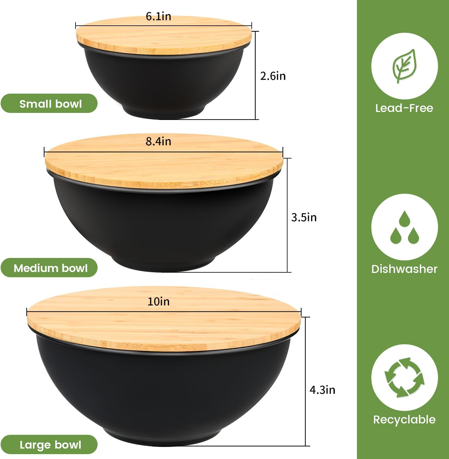Dishwasher Safe 10" Large Salad Mixing Bowls Set of 3 Bamboo Bowl With Lid