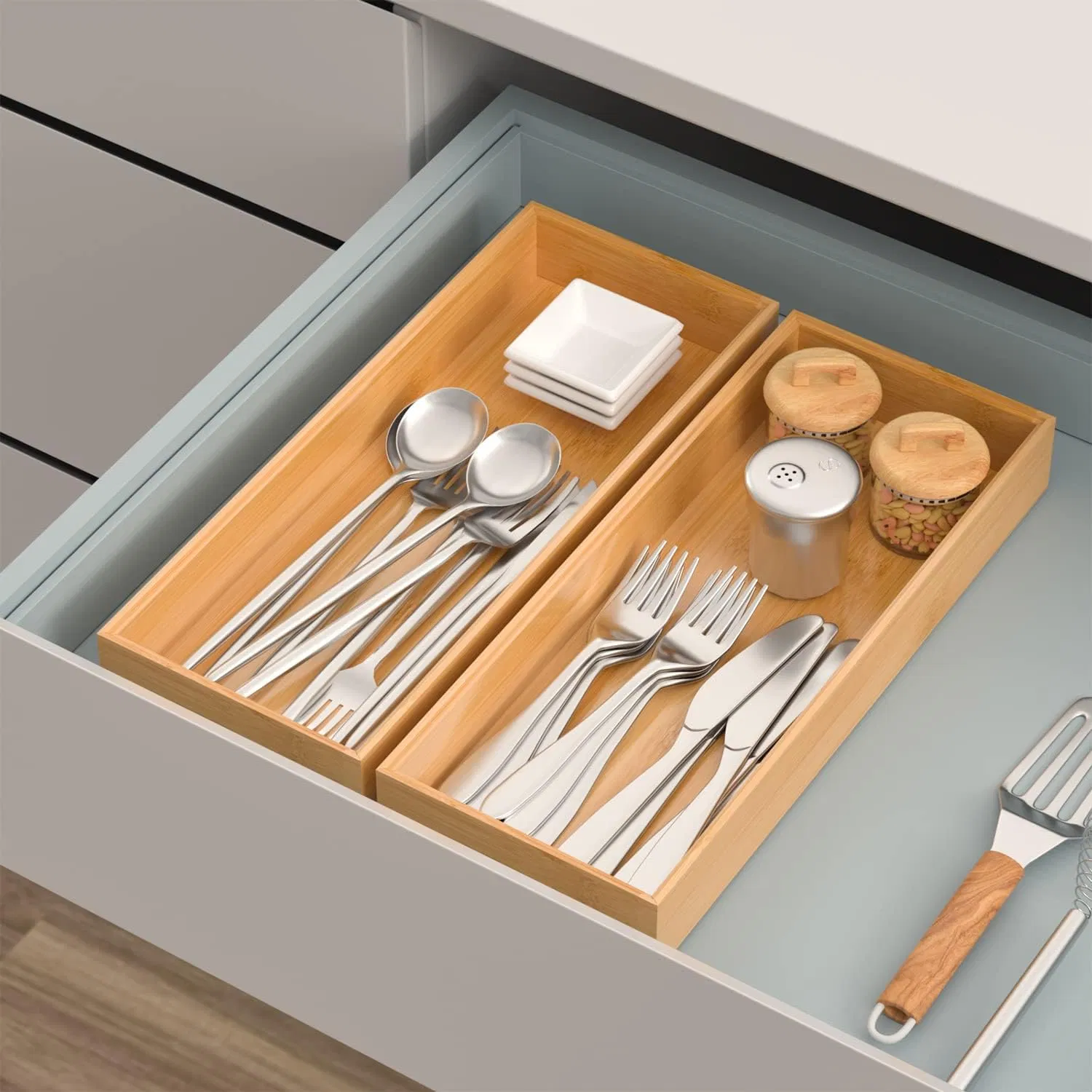 Bamboo Kitchen Stackable Cutlery Storage Tray