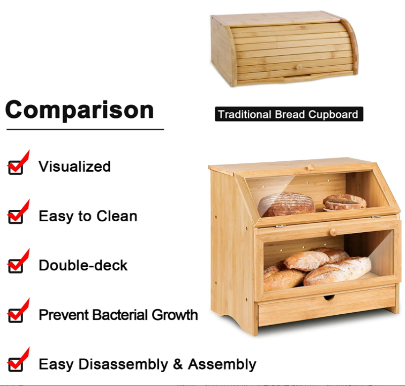 Modern Design Bamboo Bread Box Rectangle Counter Top Kitchen Storage Box 3-6L Capacity Portable Multifunction