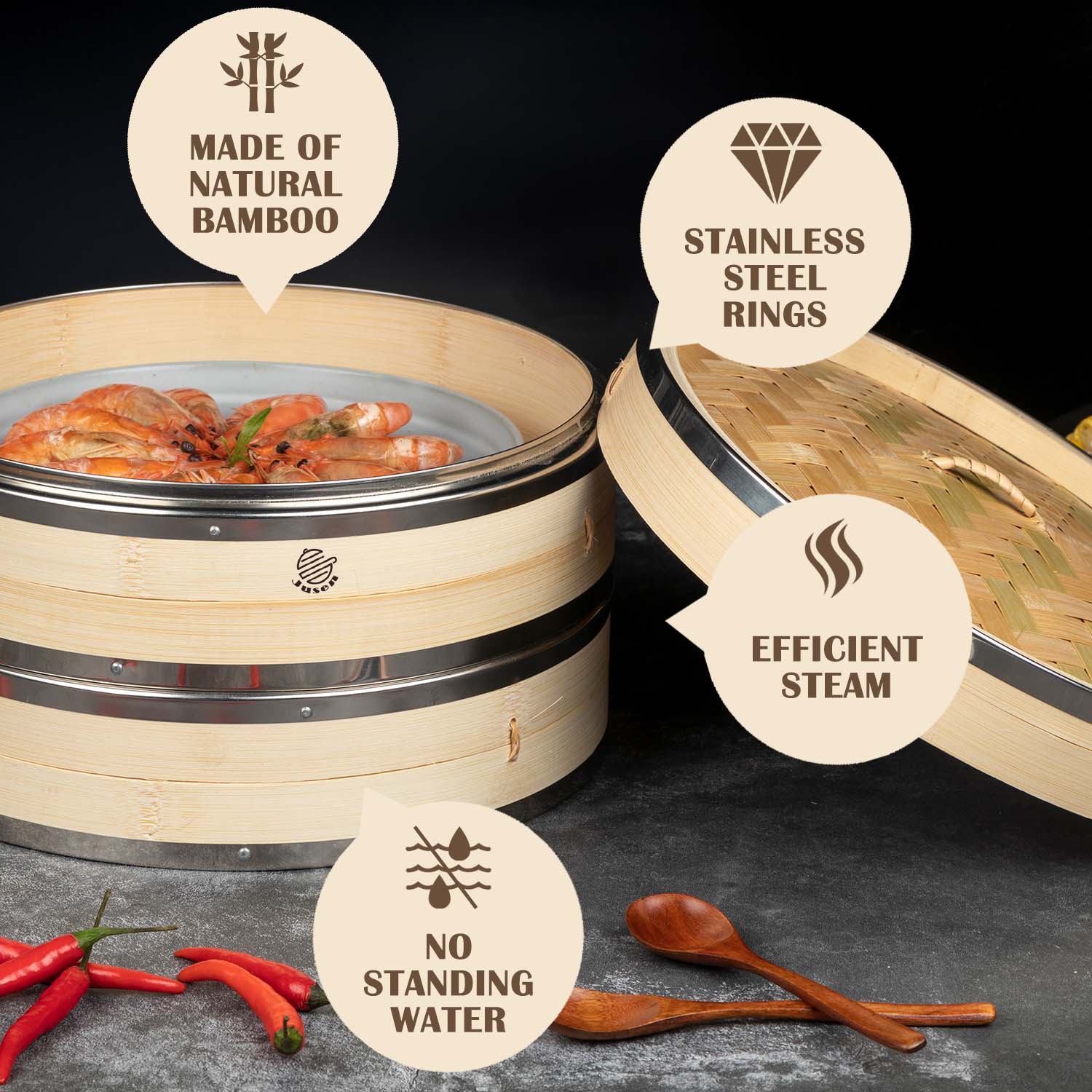 JUSEN Handcrafted Chinese Bamboo Steamer Basket with Stainless Steel Ring for Dim Sum Soup Dumpling Cooking Wood Steamer