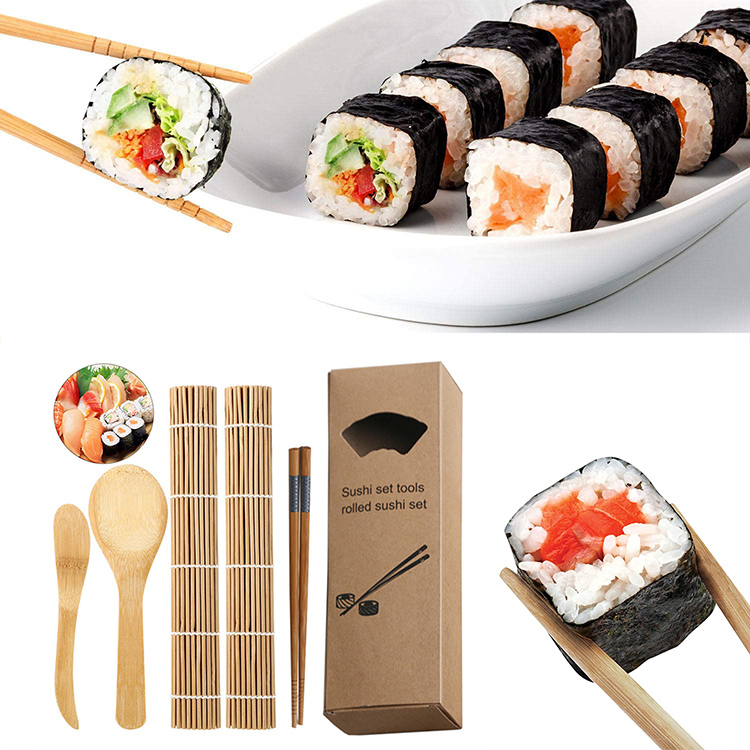 Home Kitchen 5 in 1 Bamboo Sushi Mats Rice Paddle Spreader Chopsticks Sushi Making Kit with Cloth Bag