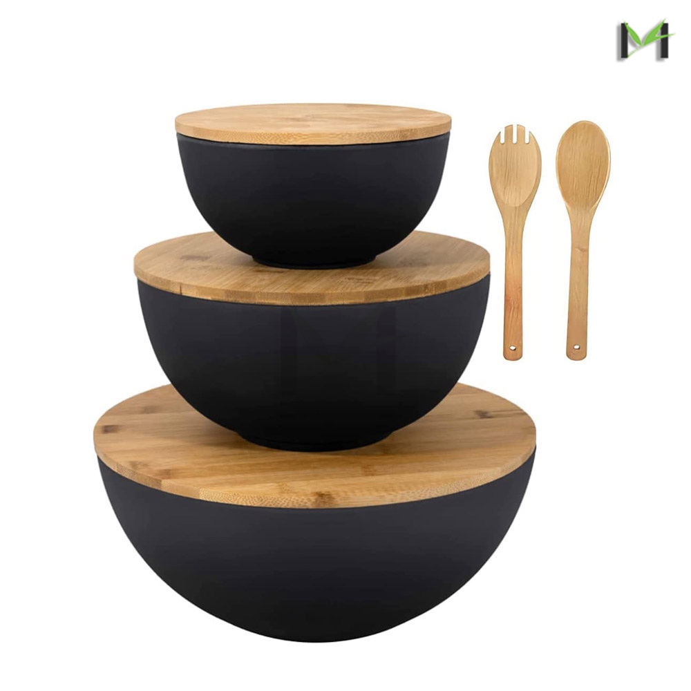 Bamboo Fibre Large Salad Bowl Mixing Bowl &amp; Storage Set of 3 with Wooden Lids